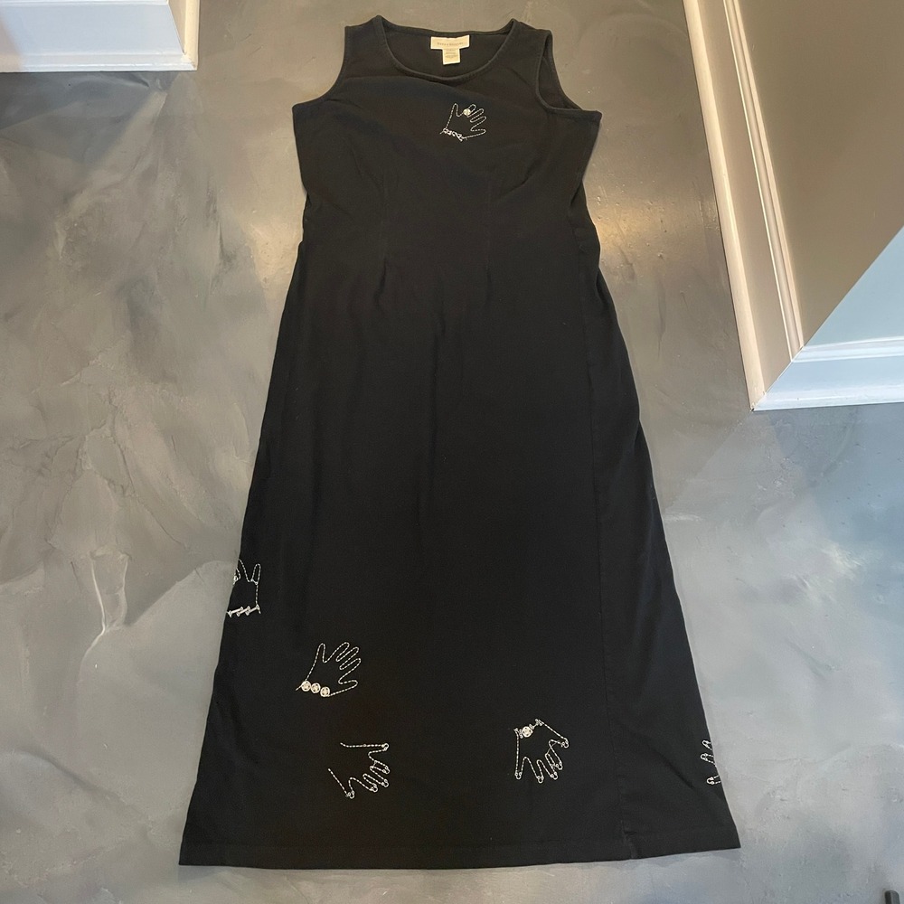 Susan Bristol Black Maxi Dress L Artsy Embroidered Hands Sewing Notions Beaded